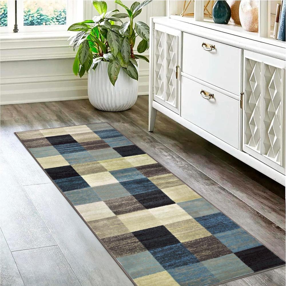 imageSuperior Indoor Runner Rug Jute Backing Geometric Tile Block Floor Decor for Office Living Room Dining Kitchen Floors Bedroom Modern Rugs Rockaway Collection 2 7 x 8 Majorica Blue