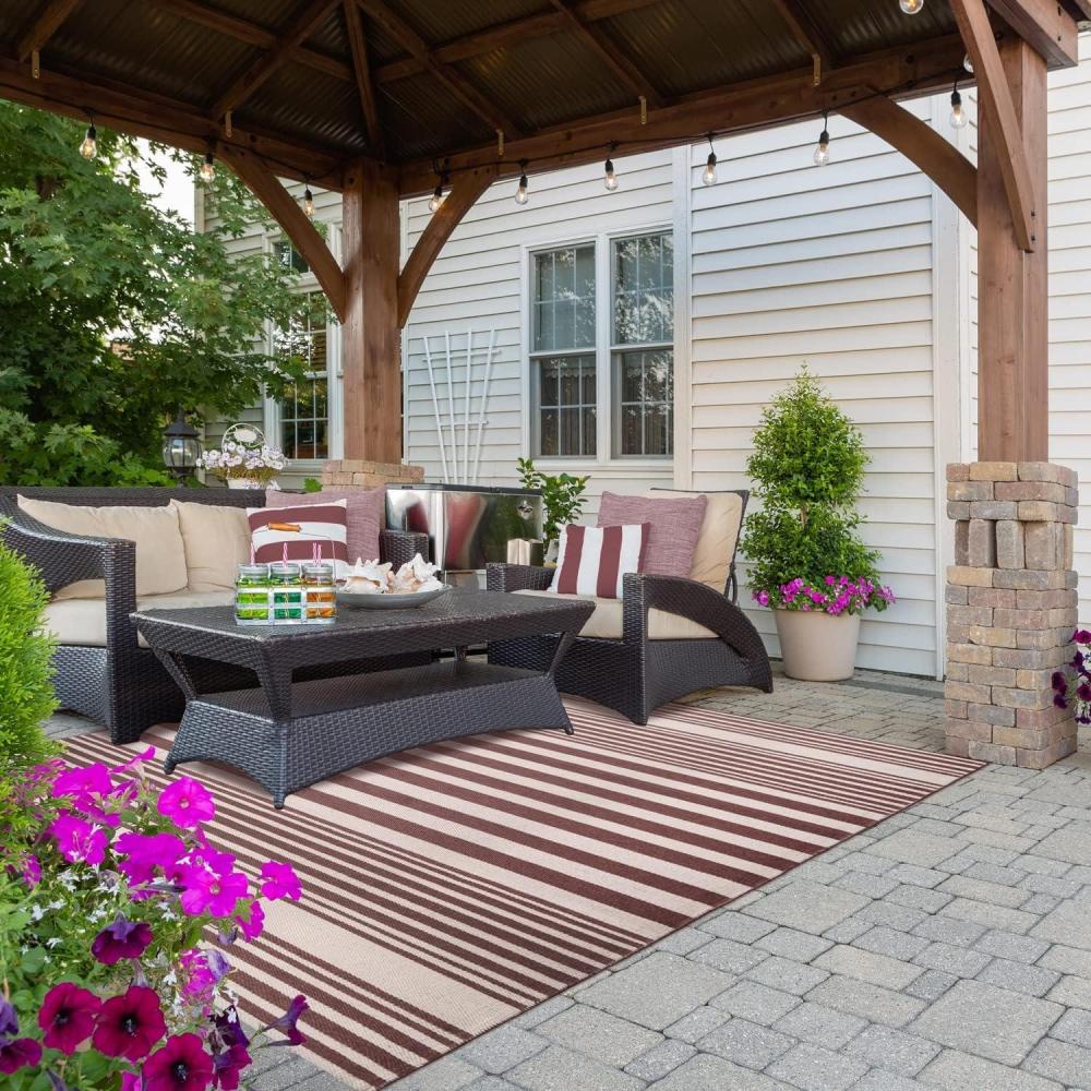 imageSuperior Large Indoor Outdoor Area Rug Modern Thin Striped Pattern Home Decor Patios Entryway Front Porch Deck Hallways Kids Kitchen Floor Throw Kadin Collection 6 x 9 Navy BlueKadin  Beige