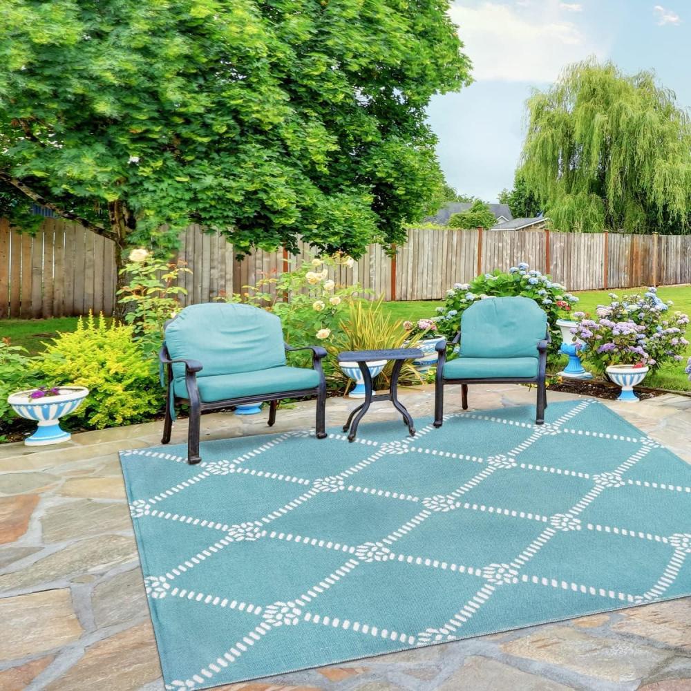 imageSuperior Large Indoor Outdoor Area Rug Modern Thin Striped Pattern Home Decor Patios Entryway Front Porch Deck Hallways Kids Kitchen Floor Throw Kadin Collection 6 x 9 Navy BlueNakia  Turquoise