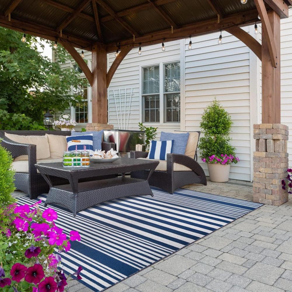 imageSuperior Large Indoor Outdoor Area Rug Modern Thin Striped Pattern Home Decor Patios Entryway Front Porch Deck Hallways Kids Kitchen Floor Throw Kadin Collection 6 x 9 Navy BlueKadin  Navy Blue