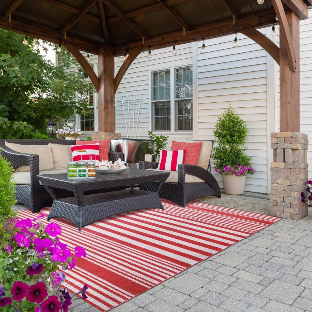 imageSuperior Large Indoor Outdoor Area Rug Modern Thin Striped Pattern Home Decor Patios Entryway Front Porch Deck Hallways Kids Kitchen Floor Throw Kadin Collection 6 x 9 Navy BlueKadin  Red