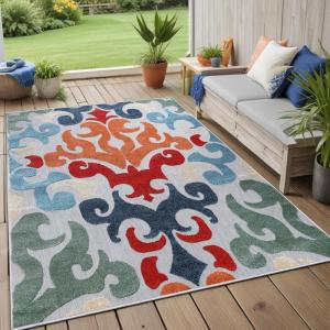 Superior Aldaine Indoor Outdoor Area Rug, Perfect for Patio, Poolside, Backyard, Playroom, Kitchen, Bedroom, Dining Room, Entryway, Mudroom, Vintage Damask Floor Cover, 5′ 6″ x 8′, Multicolor(Multi Color)