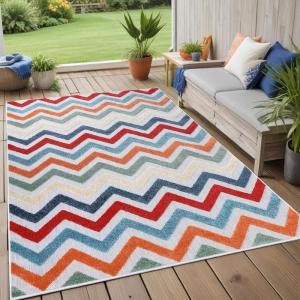 Superior Chevron Indoor Outdoor Area Rug, Modern Aesthetic, Floor Cover for Patio, Poolside, Playroom, Kitchen, Bedroom, Dining Room, Entry, Mudroom, Coastal Zig-Zag Rugs, 5′ x 8′,Brown Multi(Ivory Multi)