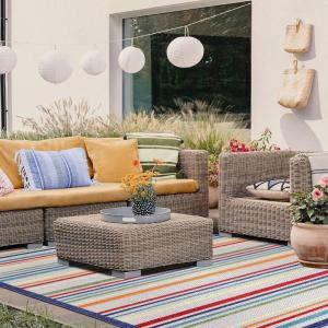 Superior Indoor Outdoor Area Rug, Floor Decor Perfect for Patio, Kitchen, Playroom, Pool, Camping, Coastal Striped Geometric Modern Rug, Eastyn Collection, 6′ x 8′ 10″, Cream