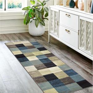 Superior Indoor Runner Rug, Jute Backing, Geometric Tile Block Floor Decor for Office, Living Room, Dining, Kitchen Floors, Bedroom, Modern Rugs, Rockaway Collection, 2′ 7″ x 8′, Majorica Blue