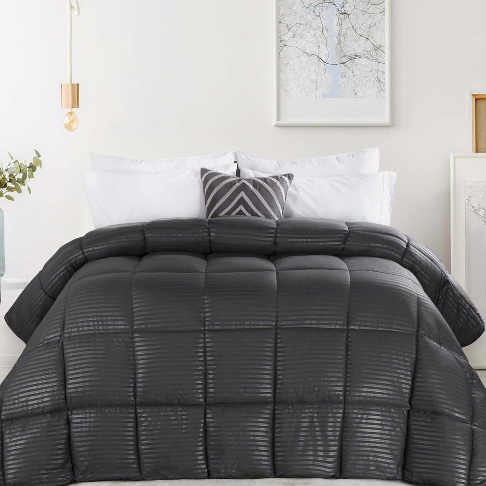 imageSuperior Microfiber Basketweave Comforter Down Alternative Bedding Medium Weight Fluffy Decorative Plush Duvet Insert Oversized Blanket Box Quilt Design Monochrome King CreamCharcoal  Z