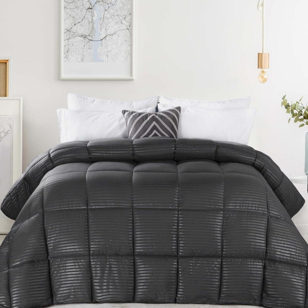 imageSuperior Microfiber Basketweave Comforter Down Alternative Bedding Medium Weight Fluffy Decorative Plush Duvet Insert Oversized Blanket Box Quilt Design Monochrome FullQueen Winter BlueWinter Blue  Z