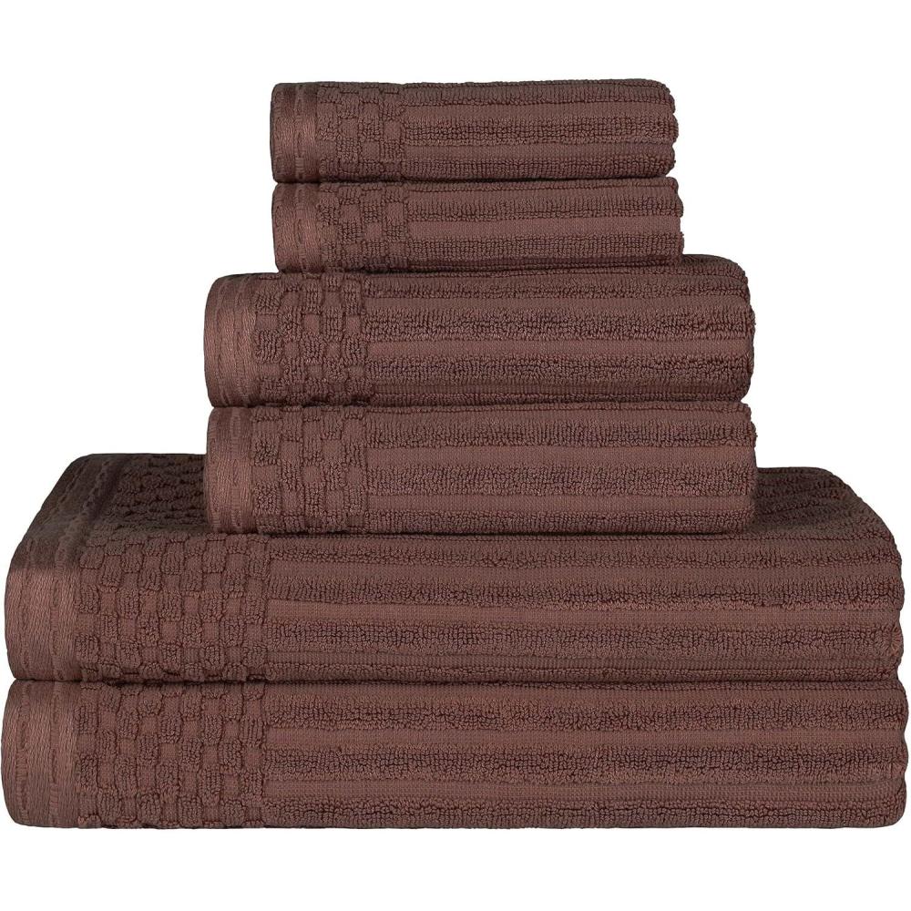 imageSuperior 6 Piece Cotton Towel Set Includes 2 Bath Towels 2 Hand Towels 2 Face TowelWashcloths Daily Use for Bathroom Guest Bath Ribbed Absorbent Home Essentials Soho Collection CoffeeJava