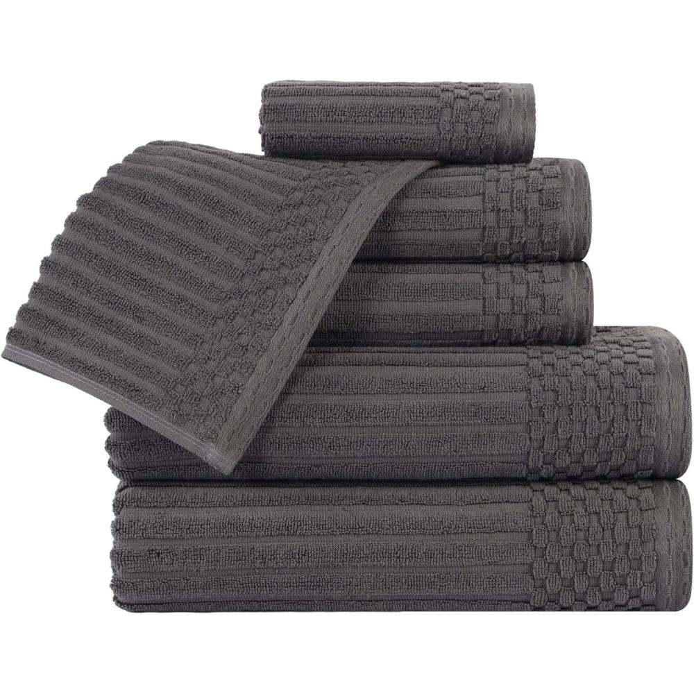 imageSuperior 6 Piece Cotton Towel Set Includes 2 Bath Towels 2 Hand Towels 2 Face TowelWashcloths Daily Use for Bathroom Guest Bath Ribbed Absorbent Home Essentials Soho Collection CoffeeCharcoal
