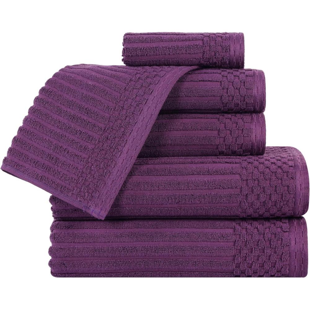 imageSuperior 6 Piece Cotton Towel Set Includes 2 Bath Towels 2 Hand Towels 2 Face TowelWashcloths Daily Use for Bathroom Guest Bath Ribbed Absorbent Home Essentials Soho Collection CoffeePlum