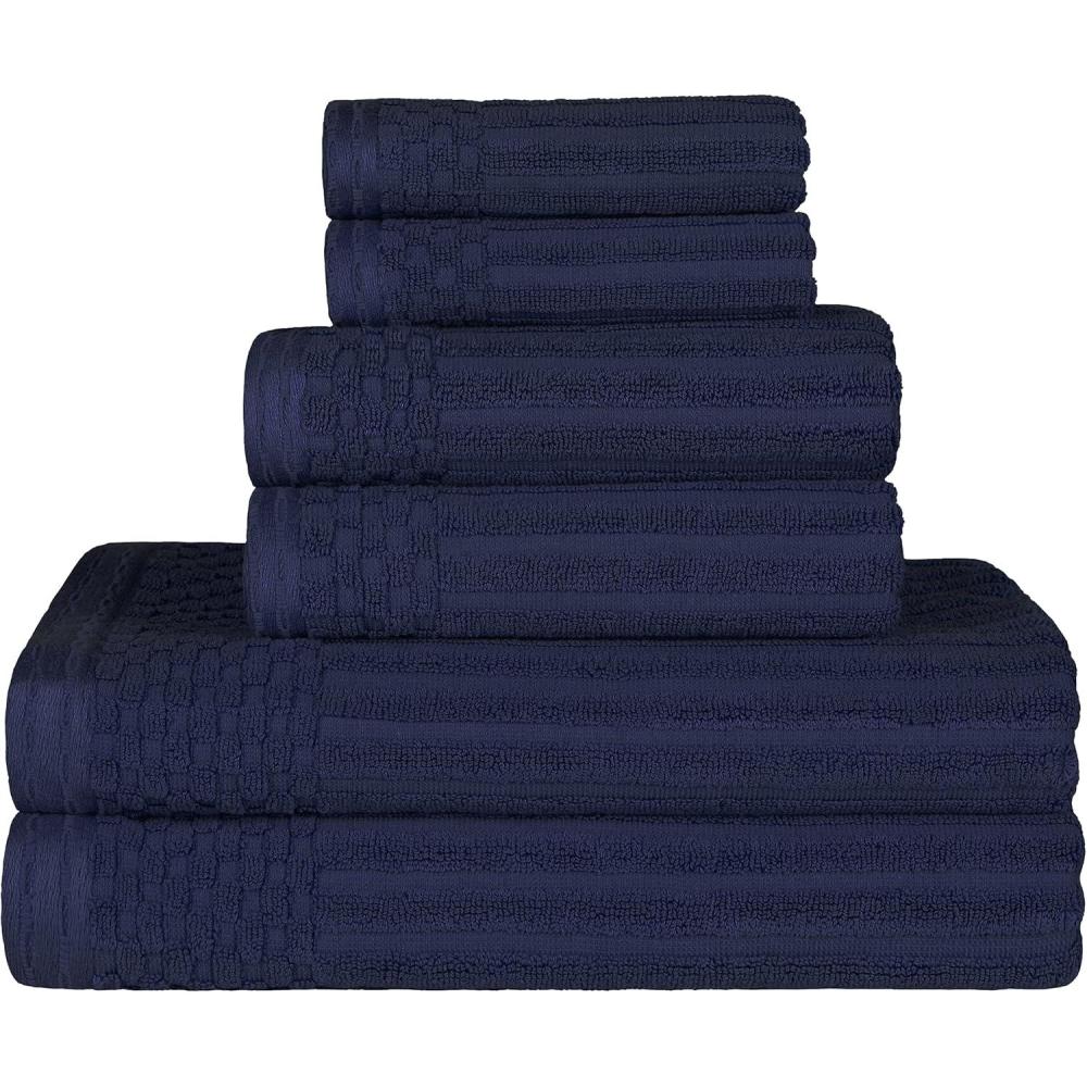 imageSuperior 6 Piece Cotton Towel Set Includes 2 Bath Towels 2 Hand Towels 2 Face TowelWashcloths Daily Use for Bathroom Guest Bath Ribbed Absorbent Home Essentials Soho Collection CoffeeNavy Blue