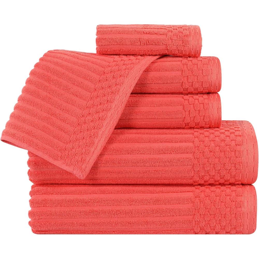 imageSuperior 6 Piece Cotton Towel Set Includes 2 Bath Towels 2 Hand Towels 2 Face TowelWashcloths Daily Use for Bathroom Guest Bath Ribbed Absorbent Home Essentials Soho Collection CoffeeCoral