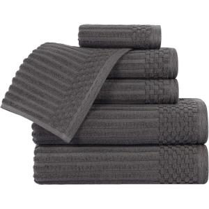 Superior 6 Piece Cotton Towel Set, Includes 2 Bath Towels, 2 Hand Towels, 2 Face Towel/Washcloths, Daily Use for Bathroom, Guest Bath, Ribbed, Absorbent, Home Essentials, Soho Collection, Coffee(Charcoal)