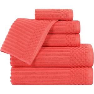 Superior 6 Piece Cotton Towel Set, Includes 2 Bath Towels, 2 Hand Towels, 2 Face Towel/Washcloths, Daily Use for Bathroom, Guest Bath, Ribbed, Absorbent, Home Essentials, Soho Collection, Coffee(Coral)