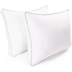 Superior Gusset Microfiber Pillow Set, Down Alternative Filling, Medium Support For Neck, Back, Side Sleepers, Breathable, Soft Shell, Luxury Sleeping, Bedroom Pillows, Set of 2, Standard Size(White-grey)