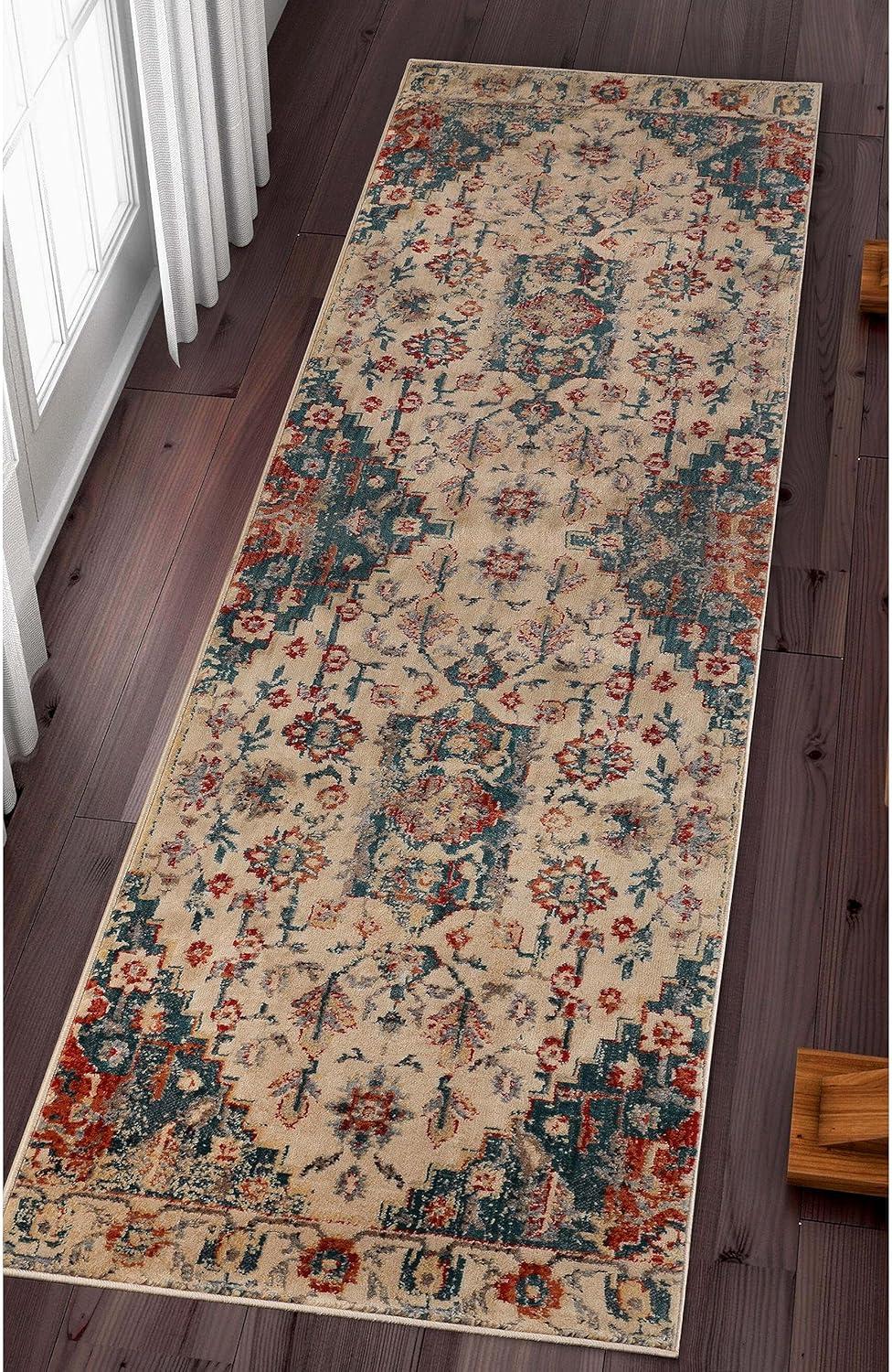 imageSuperior Indoor Area Rug or Runner Patchwork Rustic Leaves Floor Decor Soft Plush Rugs for Living Room Office Kitchen Dining Aesthetic Home Accessories Zelder Collection 2ft 7in x 8ft  BeigeIvoryteal