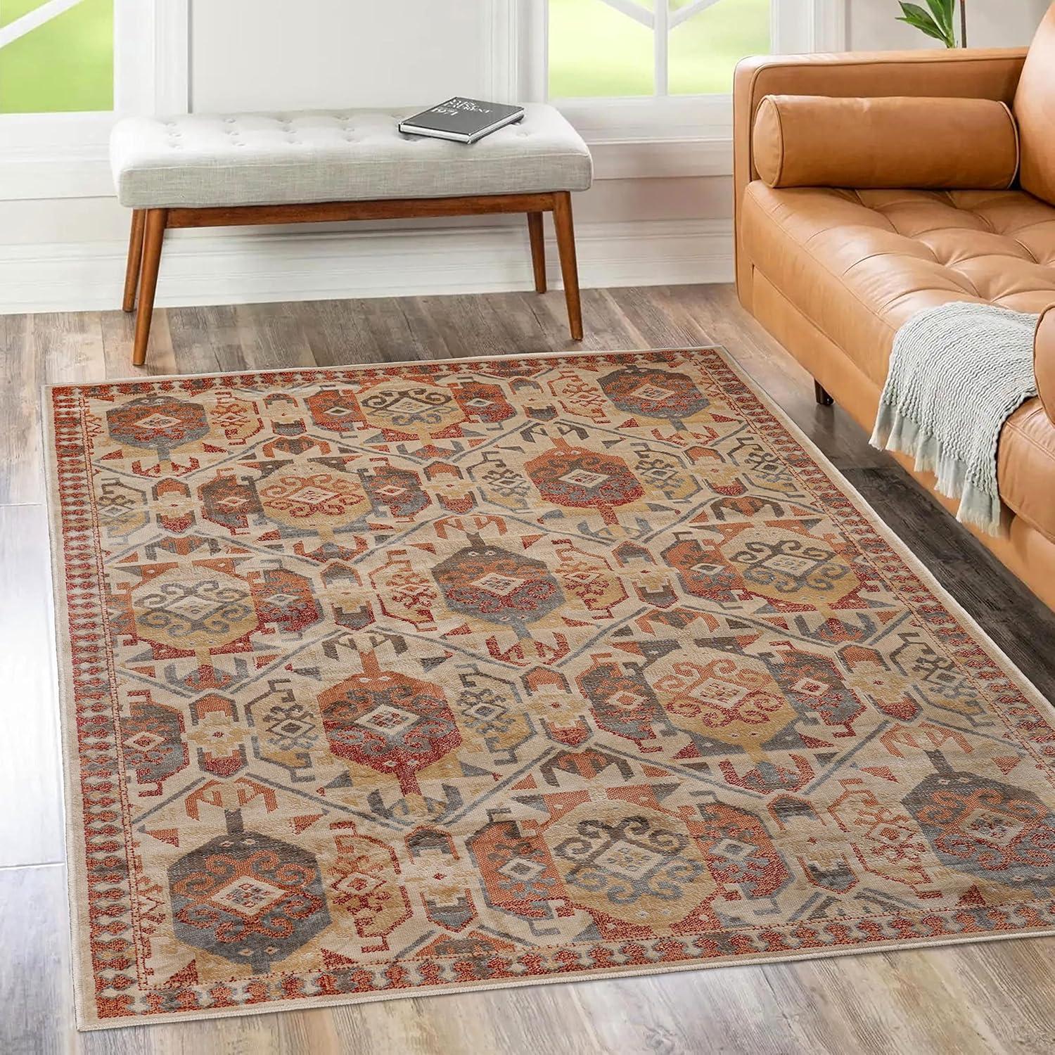 imageSuperior Indoor Area Rug or Runner Patchwork Rustic Leaves Floor Decor Soft Plush Rugs for Living Room Office Kitchen Dining Aesthetic Home Accessories Zelder Collection 2ft 7in x 8ft  BeigeRust