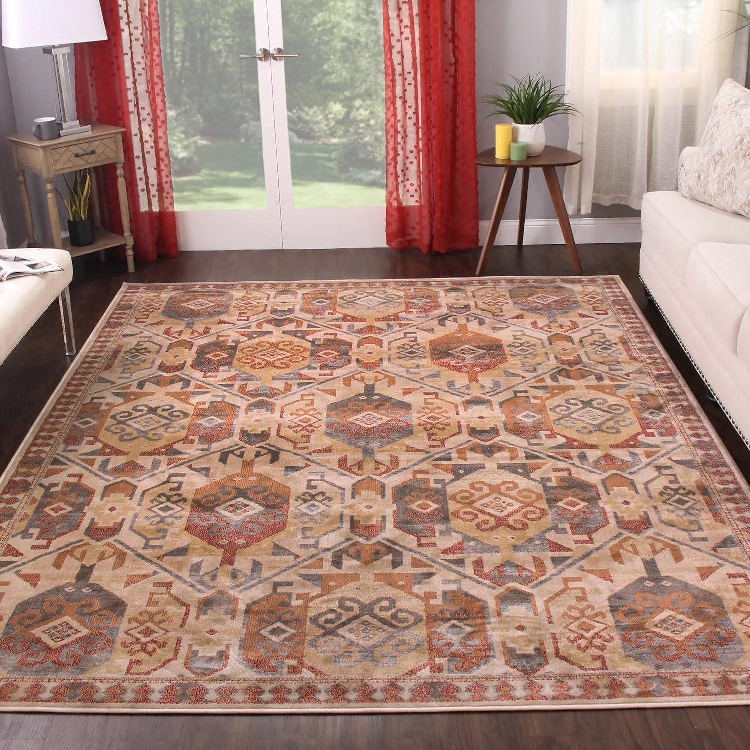 imageSuperior Indoor Area Rug or Runner Patchwork Rustic Leaves Floor Decor Soft Plush Rugs for Living Room Office Kitchen Dining Aesthetic Home Accessories Zelder Collection 2ft 7in x 8ft  BeigeRust
