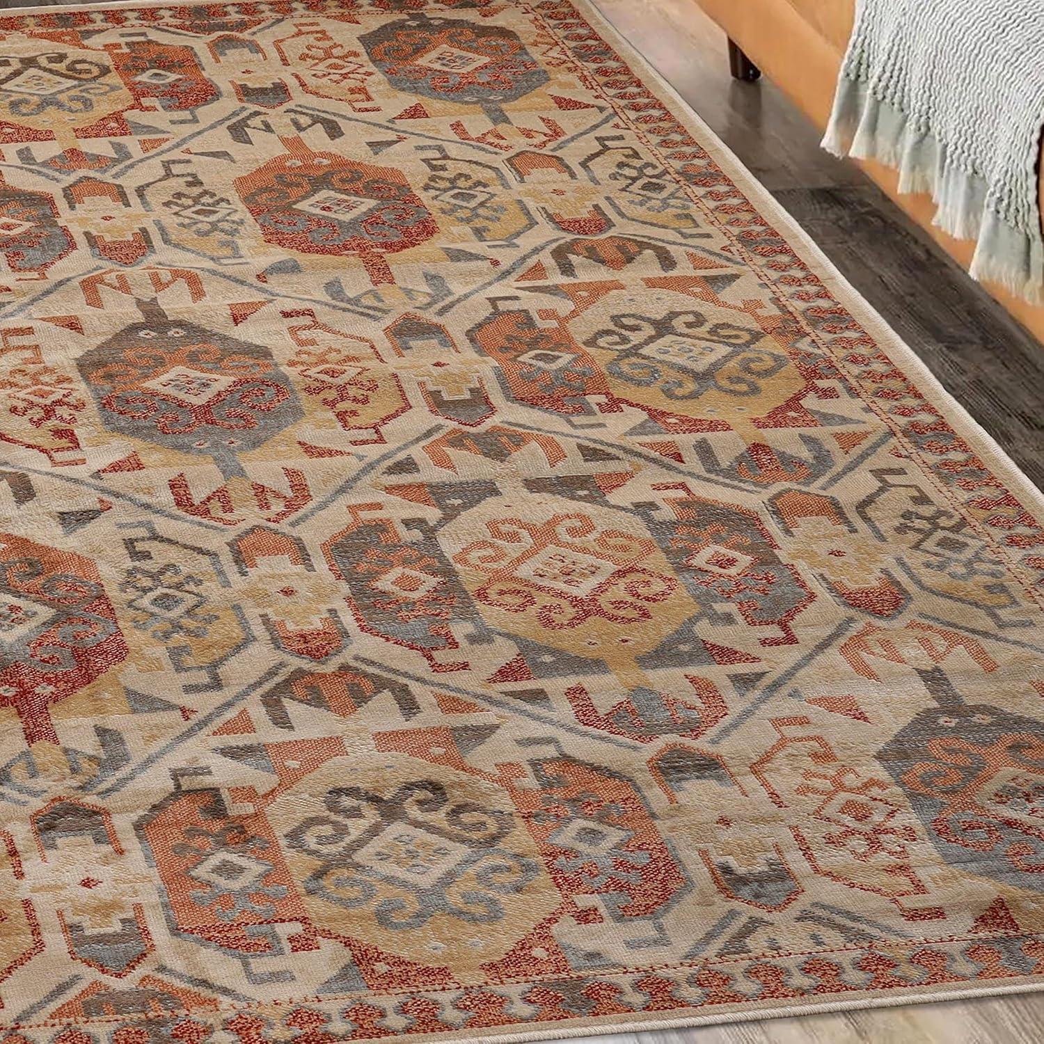 imageSuperior Indoor Area Rug or Runner Patchwork Rustic Leaves Floor Decor Soft Plush Rugs for Living Room Office Kitchen Dining Aesthetic Home Accessories Zelder Collection 2ft 7in x 8ft  BeigeRust