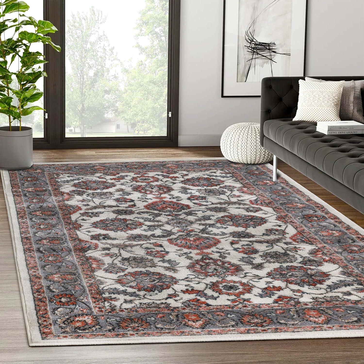imageSuperior Indoor Area Rug with Jute Backing Chic Bordered Floor Decor for Living Room Bedroom Office Entryway Kitchen Dining Floral Design Lille Collection 4 x 6 BrownSalmon