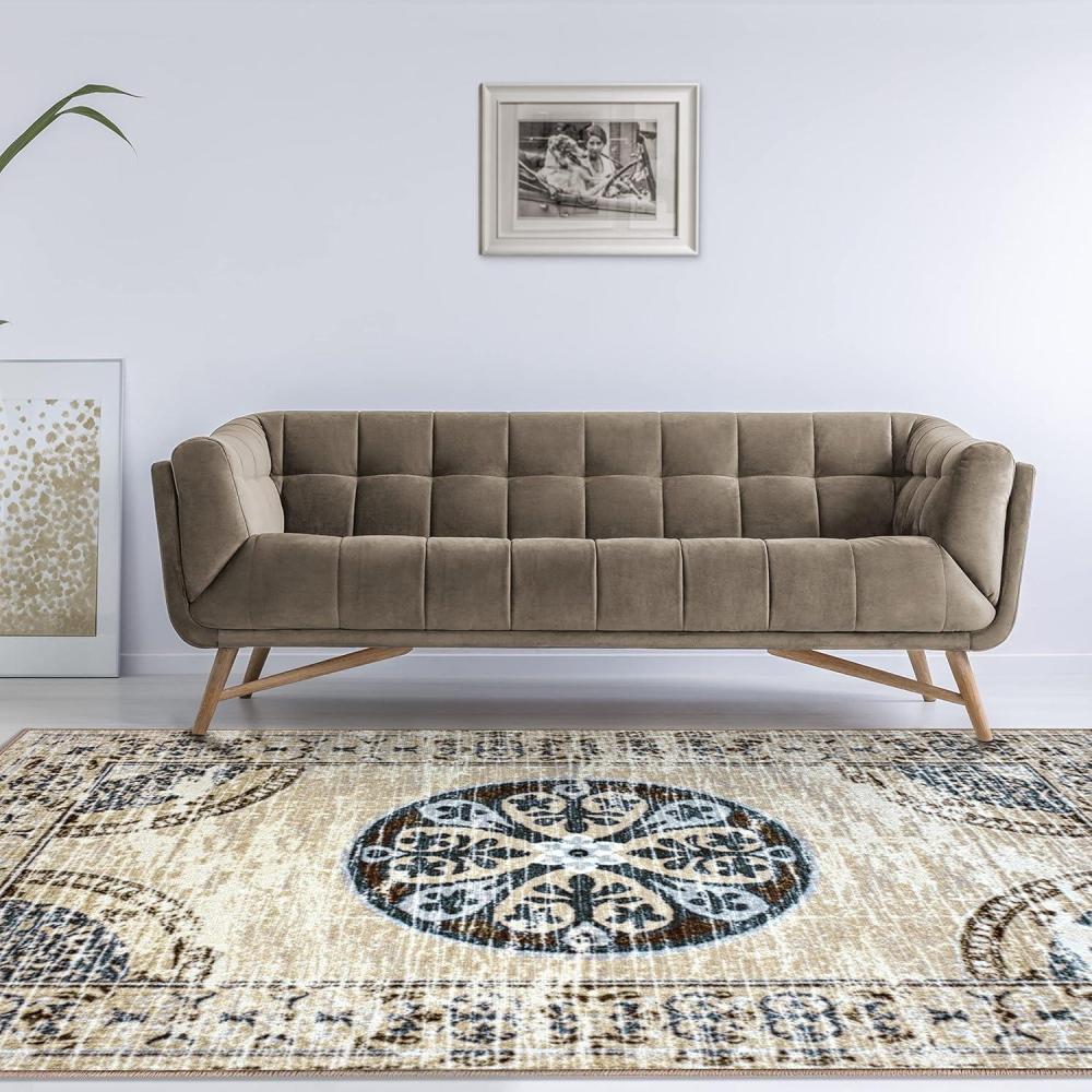 imageSuperior Indoor NonSlip Distressed Floor Decor Vintage Medallion Living Bedroom Office Kitchen Dining Room Foam Backing Shiloh Collection Area Rug 2 ft 7 in x 8 ft GrayCream8 x 10 Rectangular