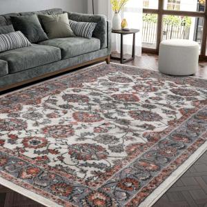 Superior Indoor Area Rug, with Jute Backing, Chic Bordered Floor Decor for Living Room, Bedroom, Office, Entryway, Kitchen, Dining, Floral Design, Lille Collection, 4′ x 6′, Brown-Salmon