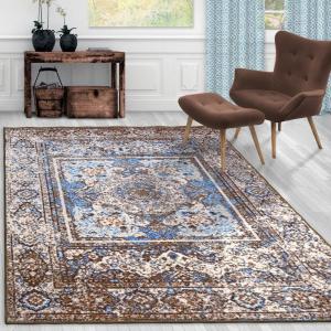 Superior Indoor Non-Slip Area Rug, Vintage Floor Decor, Oriental Medallion Rug for Living Room, Bedroom, Office, Kitchen, Dining, Washable Rugs, Foam Backing, Ezra Collection, 8′ x 10′, Blue(8′ x 10′ (Rectangular))