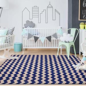 Superior 100% Cotton Area Rug, Contemporary Chevron Zig-Zag Pattern, Geometric Printed Flat Weave Cotton Rug – Grey, 8′ x 10′ Rug(Blue)