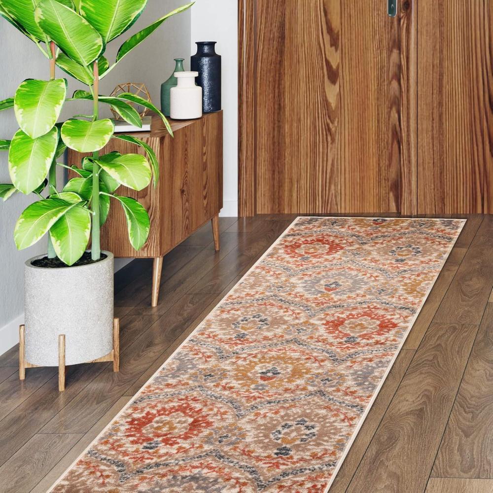 imageSuperior Indoor Runner Rug Jute Backed Modern Oriental Floral Damask Floor Decor for Office Living Room Bedroom Entryway Nursery Hardwood Tile Augusta Collection  9ft x 12ft Beige BrownGinger