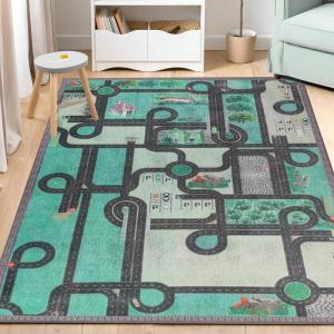 Superior Country Road Non-Slip Indoor Rug for Kids, Toddlers & Babies, Washable for Playroom, Kids Room, Nursery, or Bedroom, Interactive Road, Streets, Buildings and Trees, 9′ x 12′, Pine Green