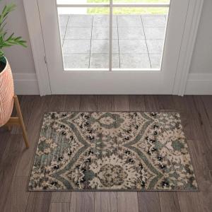 Superior Indoor Runner Rug, Jute Backed, Modern Oriental Floral Damask Floor Decor for Office, Living Room, Bedroom, Entryway, Nursery Hardwood, Tile, Augusta Collection – 9ft x 12ft, Beige Brown(Light Blue)