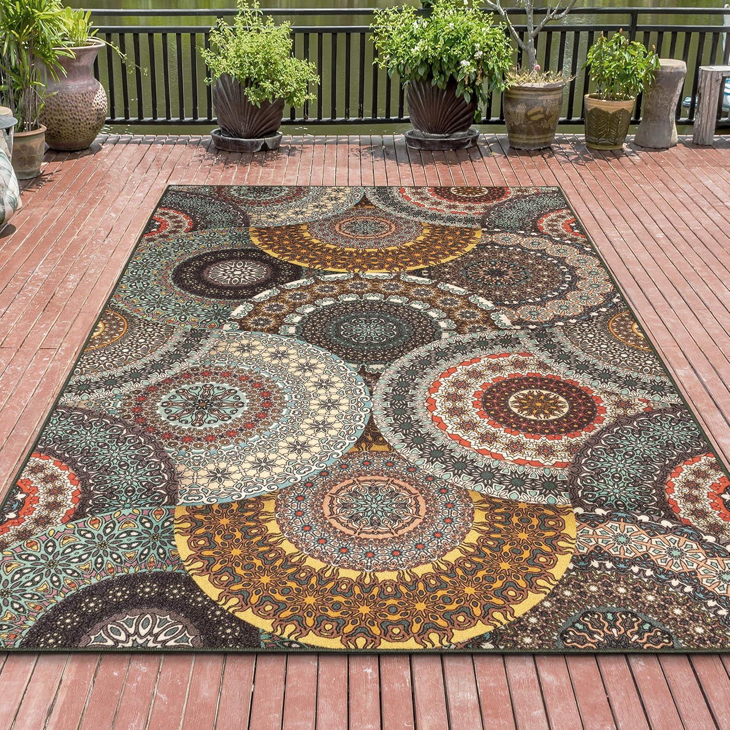 imageSuperior Cleobury NonSlip Modern Medallion Outdoor Area Rug with PreCoated Backing 8 x 10 BlackMulticolored