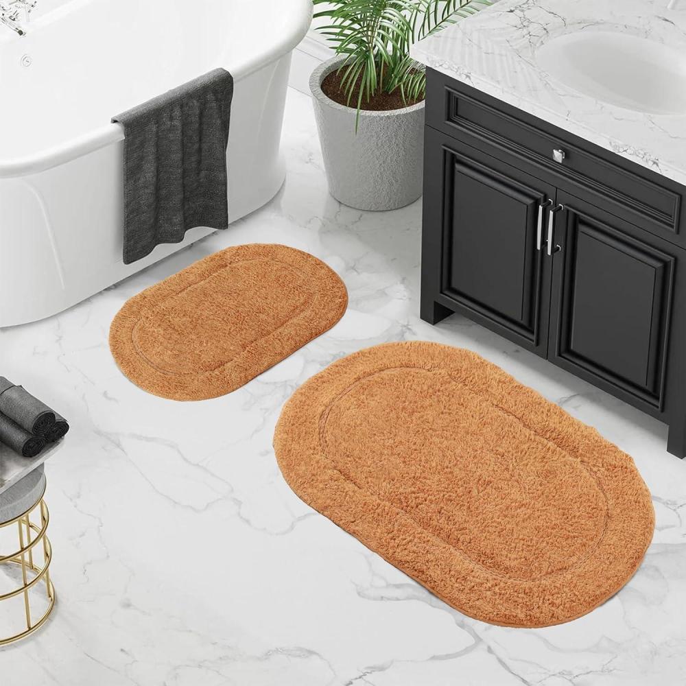 imageSuperior Bath Rug Collection Modern Oval Design with Spray Latex Backing for Bathroom Shower Floor Mat Quickly Dry Mats Absorbent Washable Rugs Sets 2 Piece  20 x 30 24 x 36 RustRust
