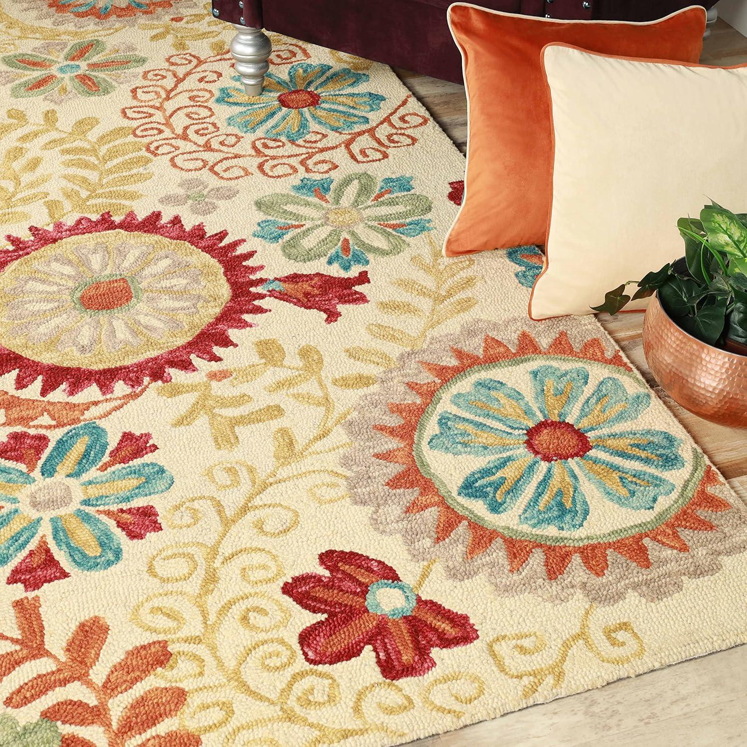 imageSuperior Floral Medallion Eclectic Modern Country Cottage HandTufted Handmade Wool Indoor Area Rug Rust 4 Wide x 6 LongCream