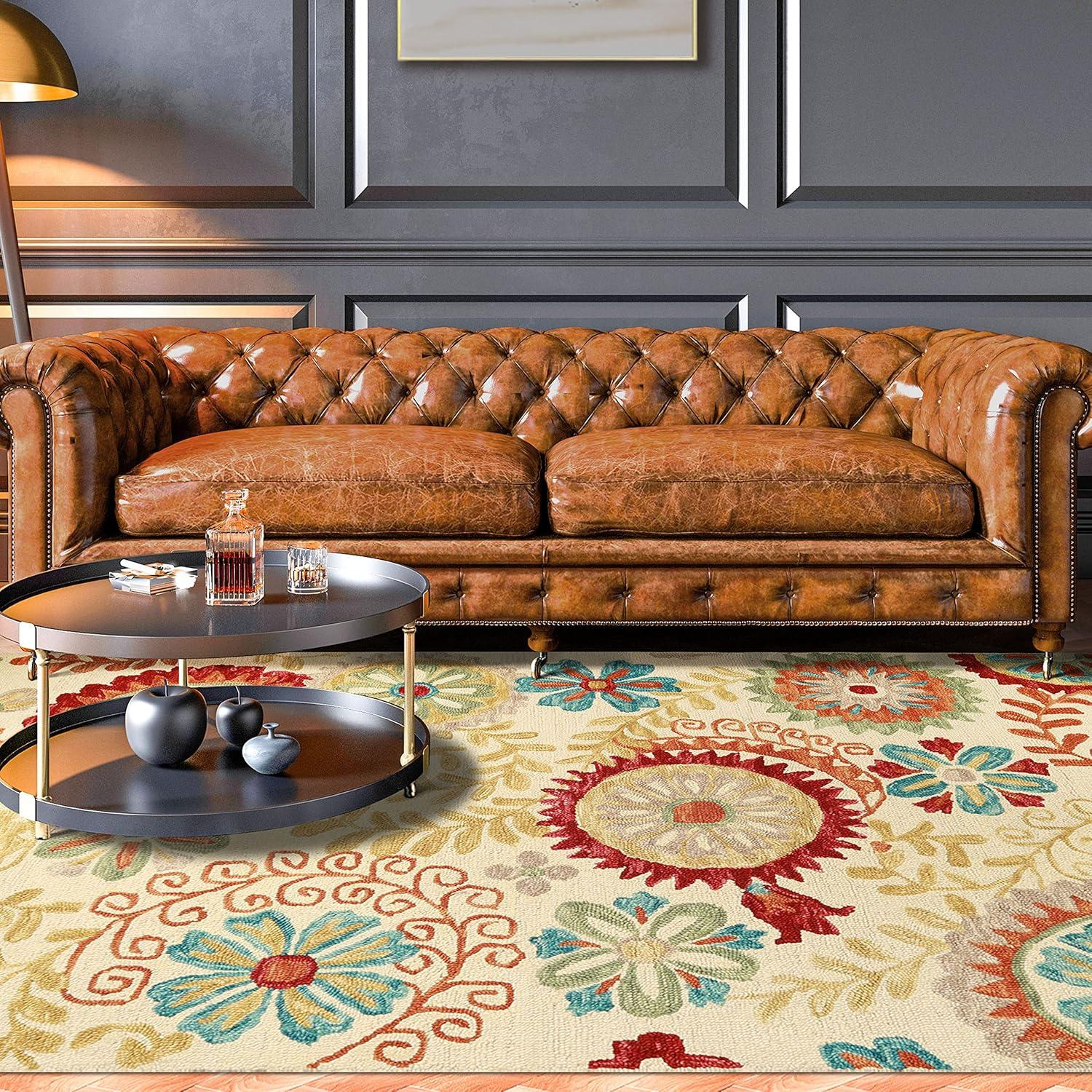 imageSuperior Floral Medallion Eclectic Modern Country Cottage HandTufted Handmade Wool Indoor Area Rug Rust 4 Wide x 6 LongCream