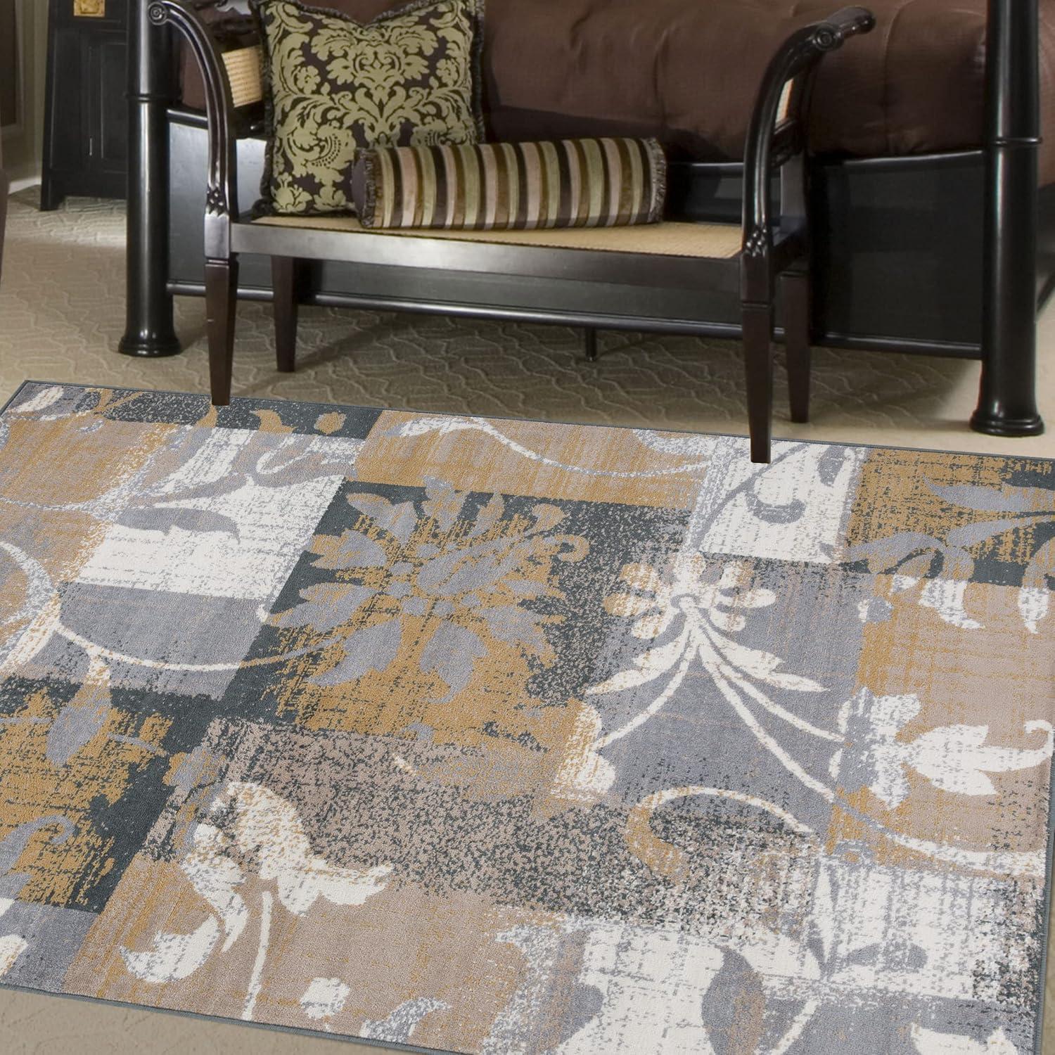 imageSuperior Indoor Area Rug Jute Backed Perfect for Office LivingDining Room Bedroom Kitchen Hallway Entryway Floor Modern Floral Patchwork Decor Pastiche Collection 8 Round BeigeCamel