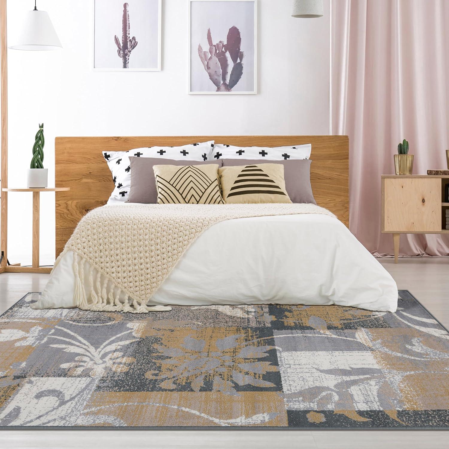 imageSuperior Indoor Area Rug Jute Backed Perfect for Office LivingDining Room Bedroom Kitchen Hallway Entryway Floor Modern Floral Patchwork Decor Pastiche Collection 8 Round BeigeCamel