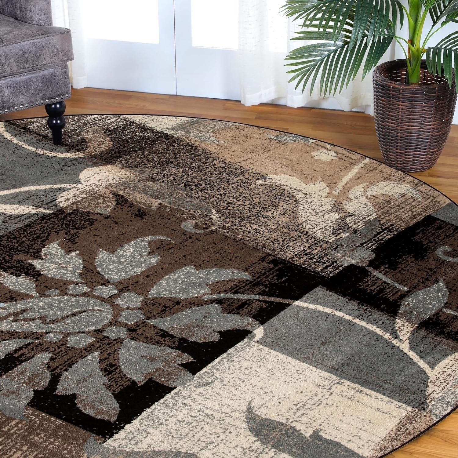imageSuperior Indoor Area Rug Jute Backed Perfect for Office LivingDining Room Bedroom Kitchen Hallway Entryway Floor Modern Floral Patchwork Decor Pastiche Collection 8 Round BeigeBeige