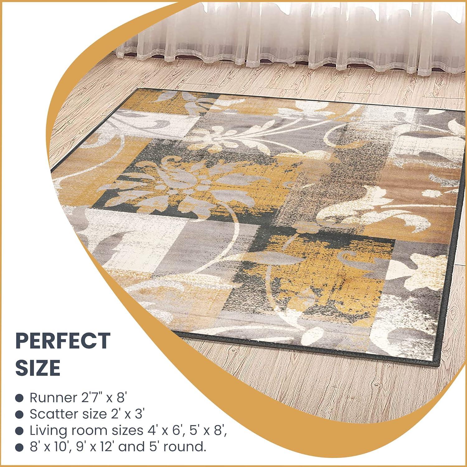 imageSuperior Indoor Area Rug Jute Backed Perfect for Office LivingDining Room Bedroom Kitchen Hallway Entryway Floor Modern Floral Patchwork Decor Pastiche Collection 8 Round BeigeCamel