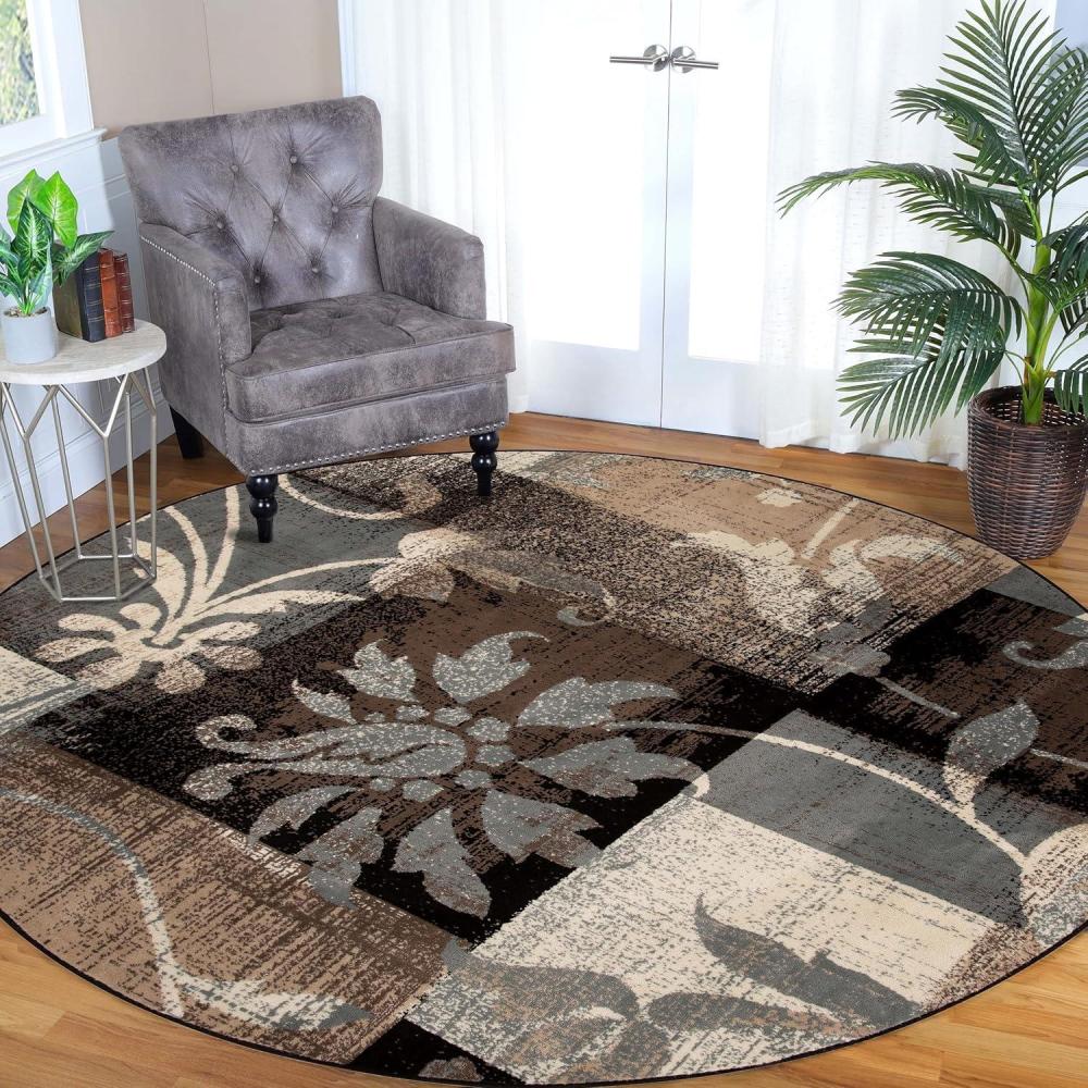 imageSuperior Indoor Area Rug Jute Backed Perfect for Office LivingDining Room Bedroom Kitchen Hallway Entryway Floor Modern Floral Patchwork Decor Pastiche Collection 8 Round BeigeBeige