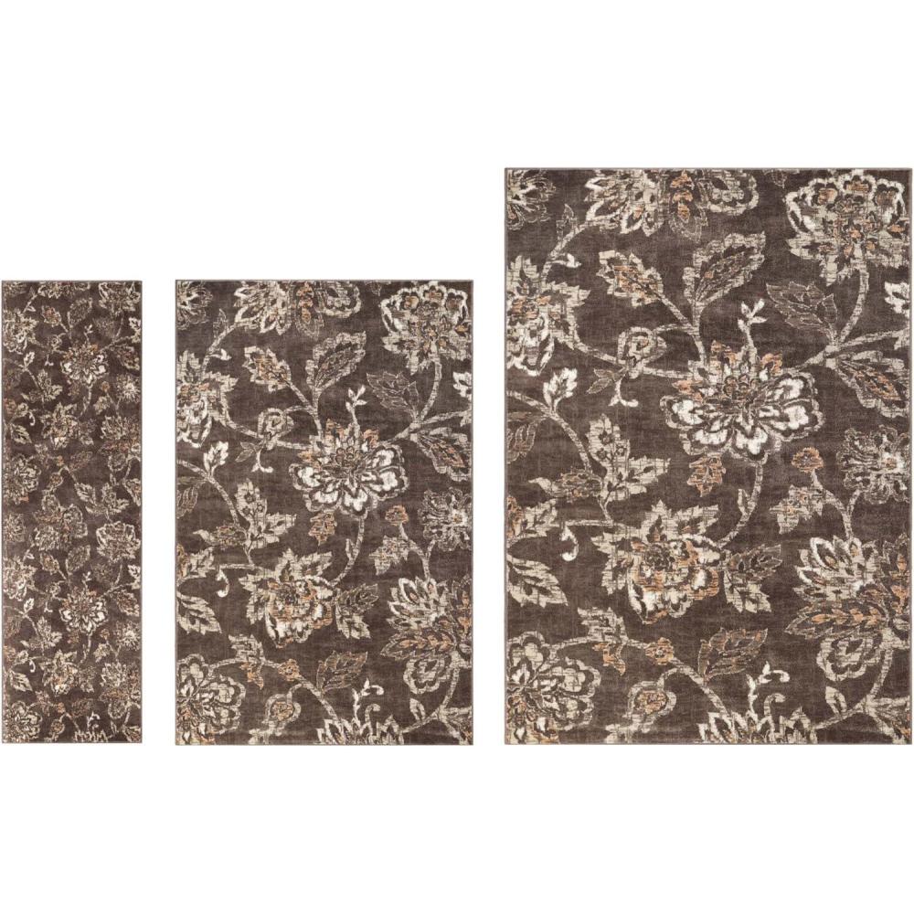 imageSuperior Jacobean 3 Piece Indoor Area Rug Set Jute Back Modern Floral Decor for Hallway Entry Office Kitchen Bedroom Living Room Floors Plush Rugs 2 7 x 8 5 x 8 8 x 10 Beige BrownTaupe