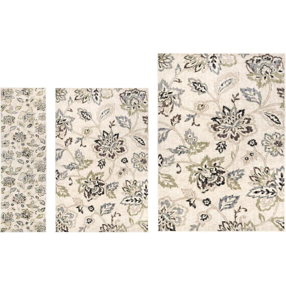 imageSuperior Jacobean 3 Piece Indoor Area Rug Set Jute Back Modern Floral Decor for Hallway Entry Office Kitchen Bedroom Living Room Floors Plush Rugs 2 7 x 8 5 x 8 8 x 10 Beige BrownMulticolored