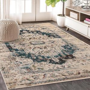 SUPERIOR Indoor Large Area Rug, Modern Farmhouse Medallion Decor for Living/Dining Room, Office, Bedroom, Entryway, Kitchen, Home Floor Throw, Jute Backed Rugs, Marquis Collection, 5′ x 8′, Teal(Teal)