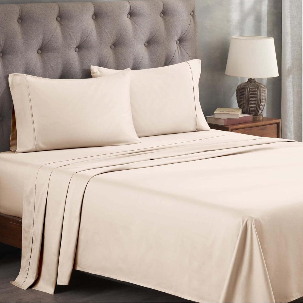 imageSuperior Egyptian Cotton 400 Thread Count Bed Sheet Set 1 Elastic Deep Pocket Fitted Sheet 1 Flat Sheet 2 Pillowcases Soft Bedding Luxury Sheets Sateen Weave California King Size SageIvory  Z