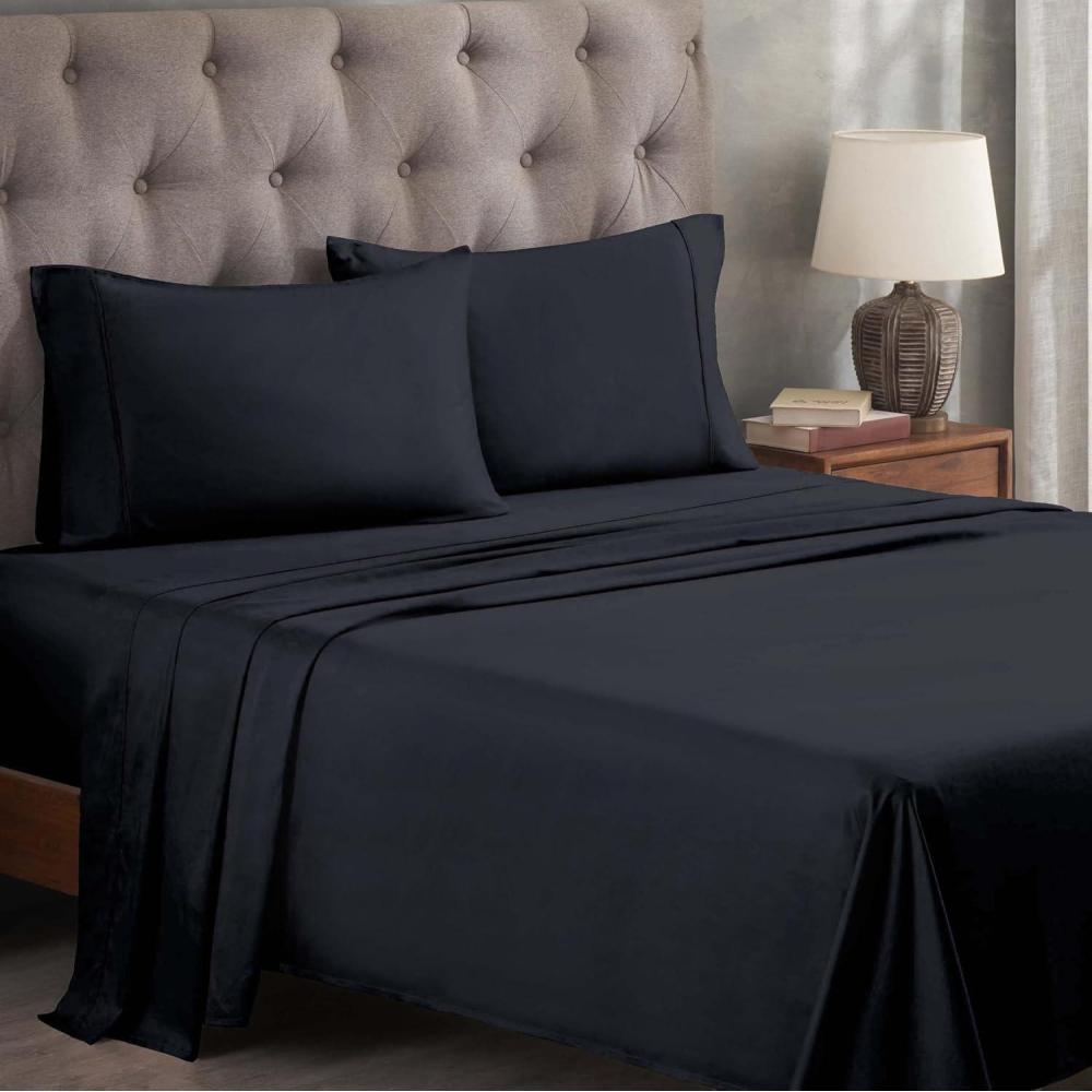 imageSuperior Egyptian Cotton 400 Thread Count Bed Sheet Set 1 Elastic Deep Pocket Fitted Sheet 1 Flat Sheet 2 Pillowcases Soft Bedding Luxury Sheets Sateen Weave California King Size SageNavy Blue  Z