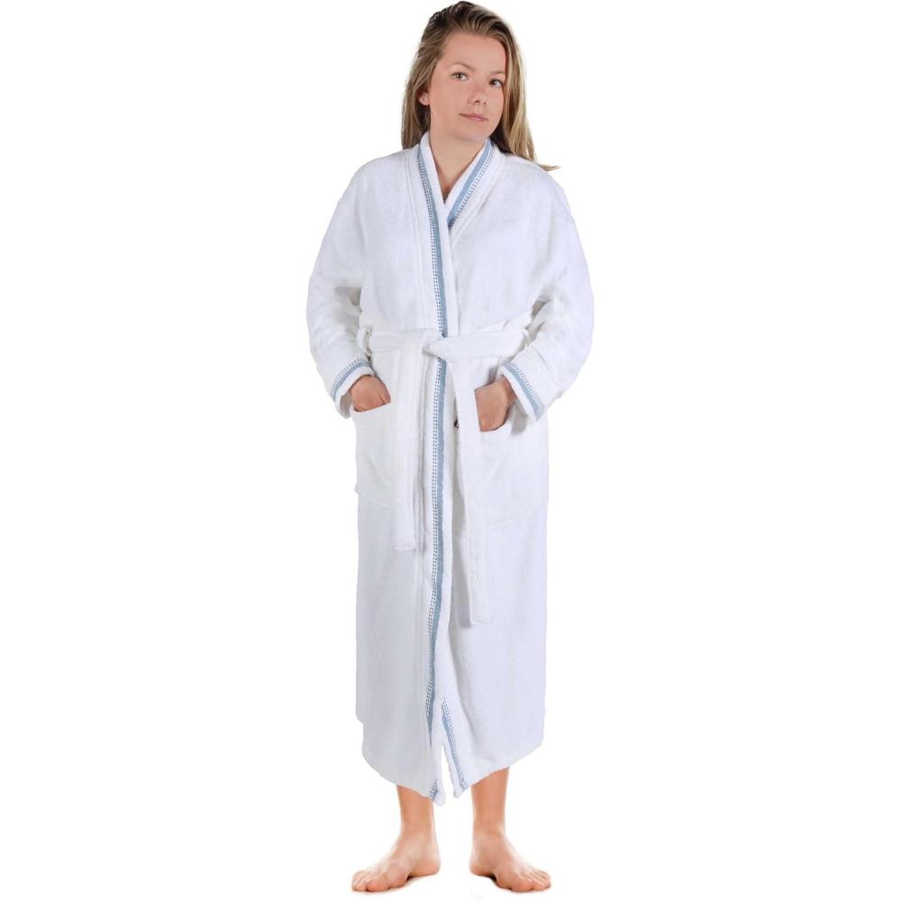 imageSuperior Tinsel Unisex Turkish Cotton Terry Kimono Bathrobe with Embroidery AllSeason RobeBluewhite