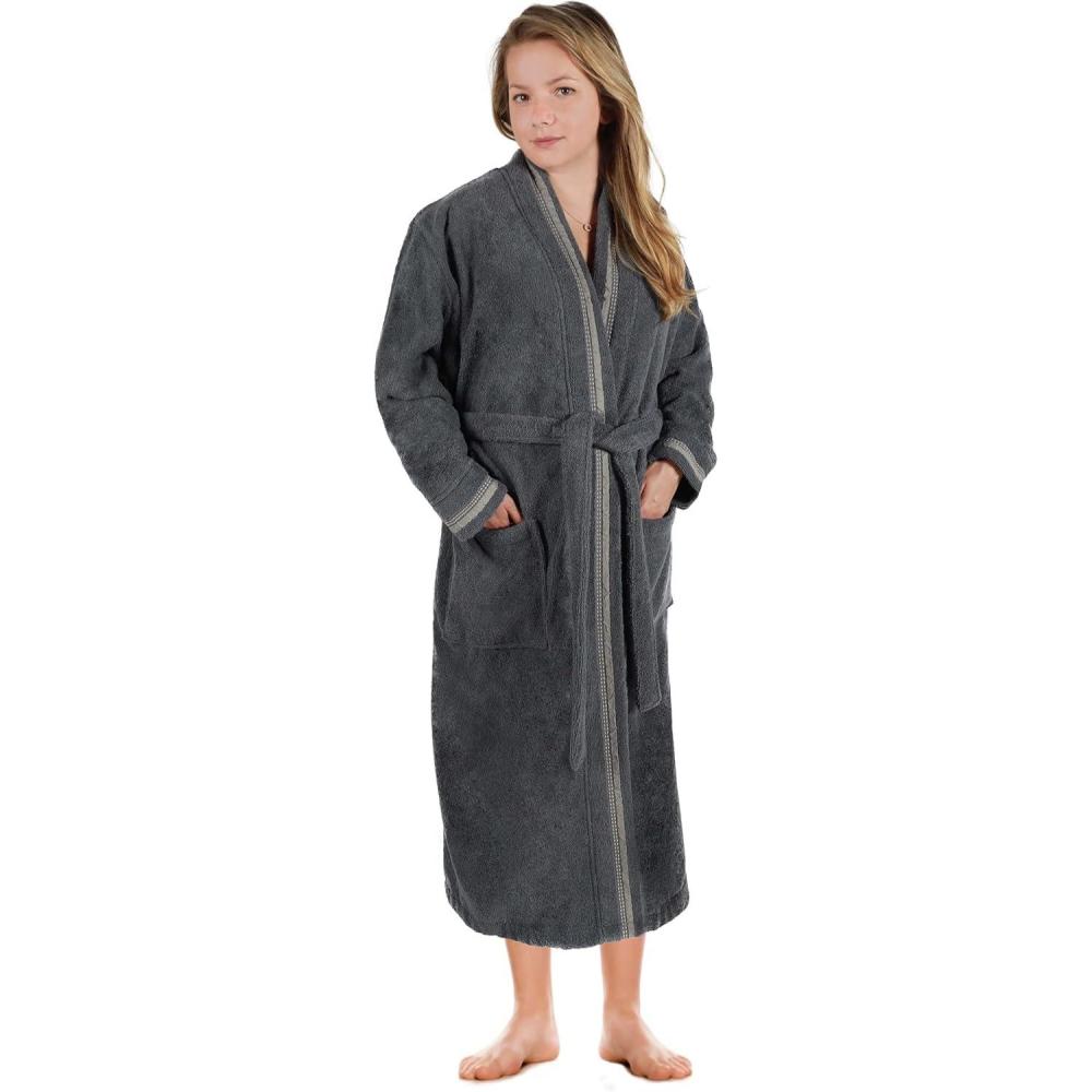 imageSuperior Tinsel Unisex Turkish Cotton Terry Kimono Bathrobe with Embroidery AllSeason RobeGreystone