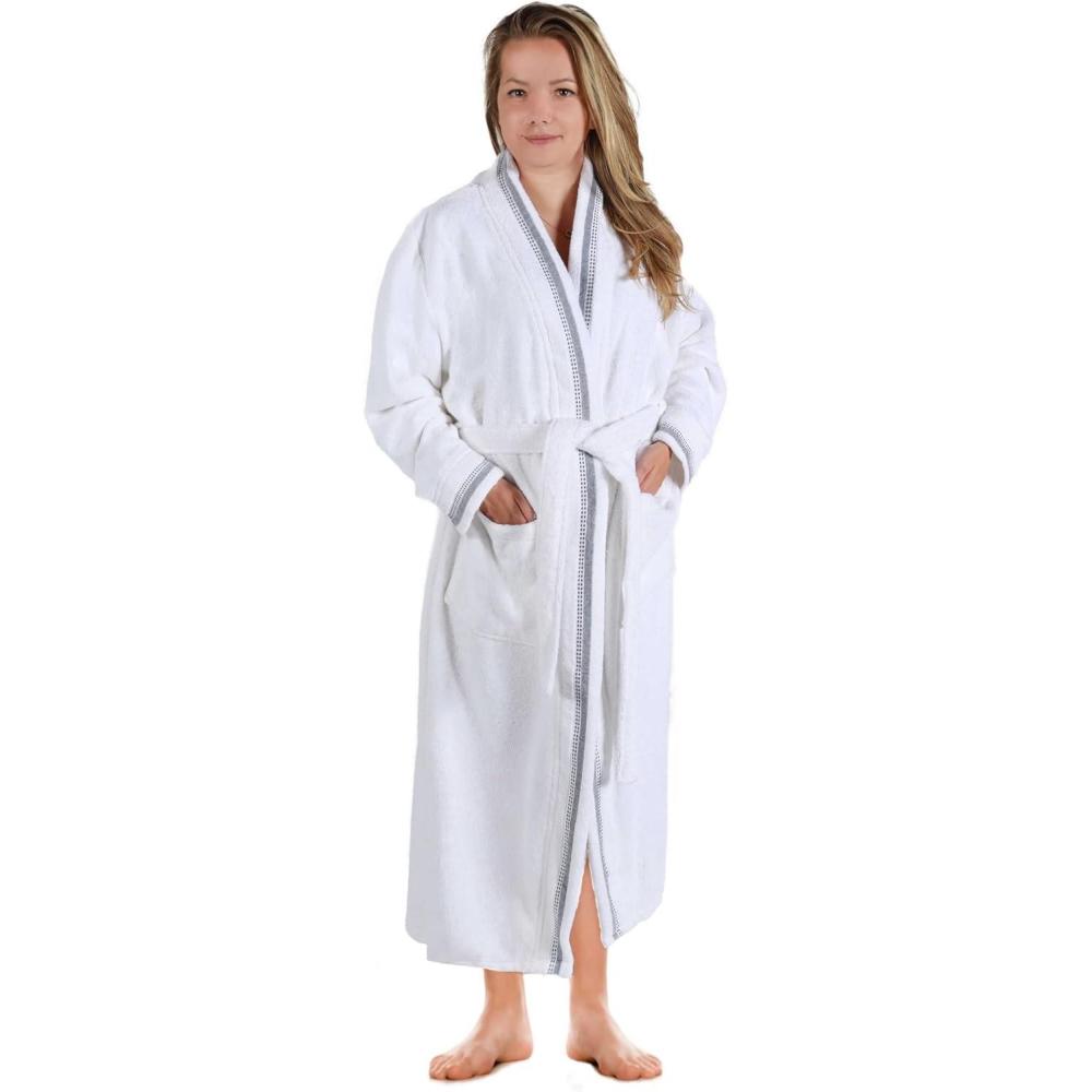 imageSuperior Tinsel Unisex Turkish Cotton Terry Kimono Bathrobe with Embroidery AllSeason RobeGreywhite