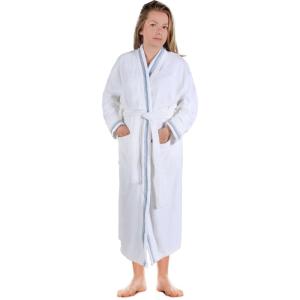Superior Tinsel Unisex Turkish Cotton Terry Kimono Bathrobe with Embroidery, All-Season Robe(Blue-white)