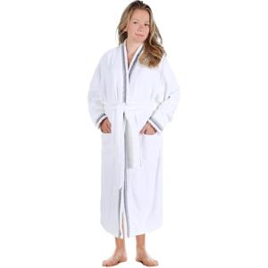 Superior Tinsel Unisex Turkish Cotton Terry Kimono Bathrobe with Embroidery, All-Season Robe(Charcoal-white)